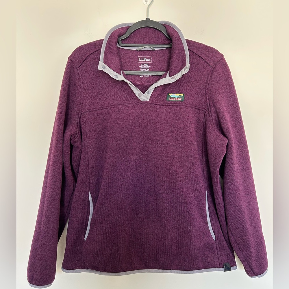 L.L. Bean Sweater Fleece Quarter‎ Snap Pull Over Size 1X Purple with Gray Trim